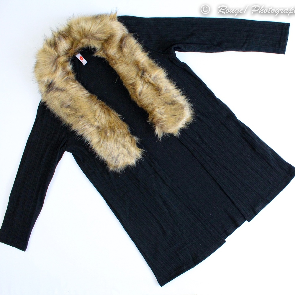 Faux Fur Collar Open Black Cardigan - Picture 6 of 8